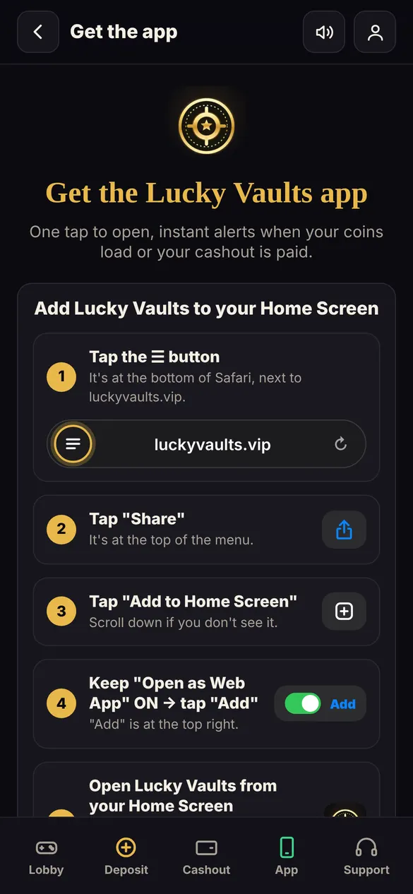 Open luckyvaults.vip in Safari